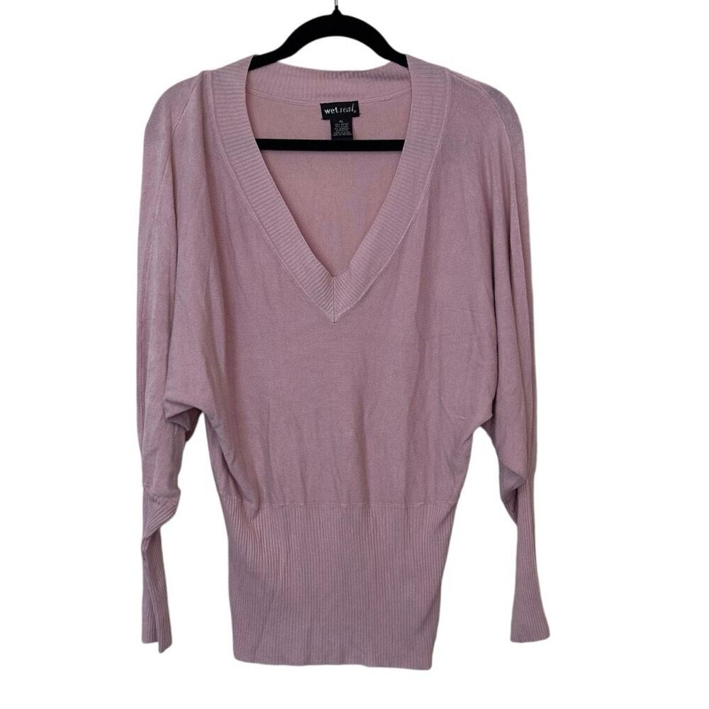 Wet Seal Y2K Pink V-Neck Long-Sleeve Fitted Layering Top Size XL Soft Preppy